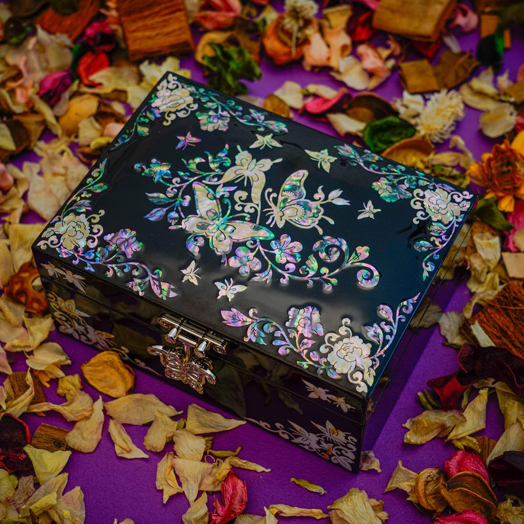 February Mountain Mother of Pearl Butterfly Jewelry Organizer Box with Ring Tray - Gifts for Women Unique gift for women who have everything