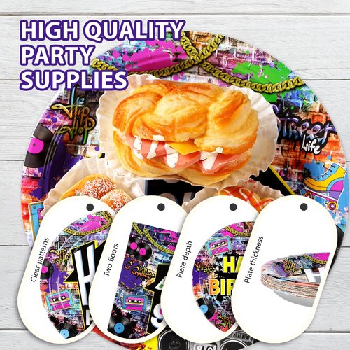 96 Pcs 90's House Party Supplies Disposable 90s Party Paper Plates and Napkins Retro Graffiti Wall Back To The 90' Tableware Set for Men Women 90s Birthday Hip Hop Party Decorations Serves 24