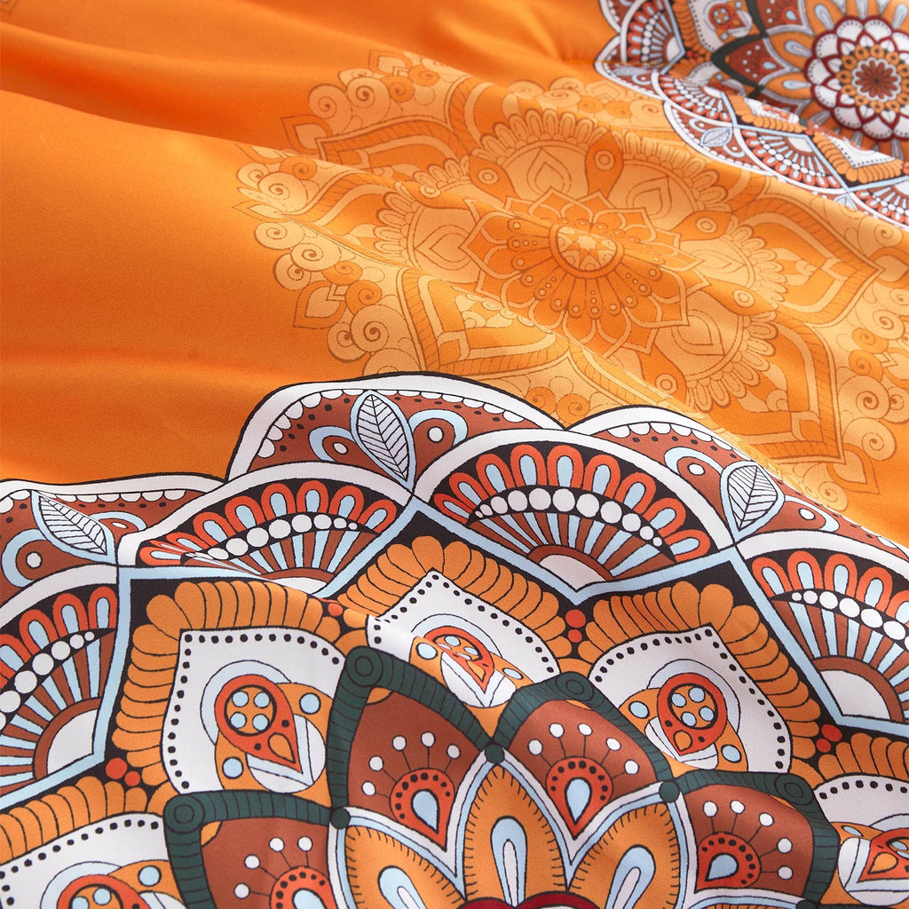 Wake In Cloud - Bohemian Comforter Set, Boho Chic Ornate Floral Elements Pattern Printed for Men Women, Soft Lightweight Bedding, 3 Pieces, Orange Navy, King Size