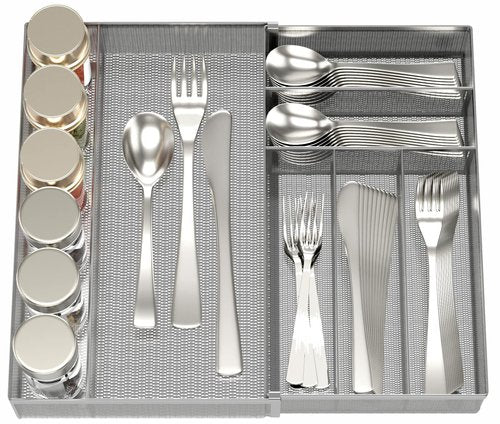 JANE EYRE Utensil Drawer Organizer - Expandable Cutlery Tray, Silverware/Flatware Storage Divider for Kitchen, Mesh Designing with Non-slip Rubber Feet (Silver)