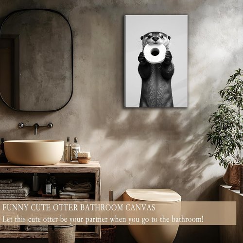 Funny Otter Wall Art by [Brand Name] - Humorous Black and White Canvas Print | Cute Otter with Toilet Paper, 12x16''