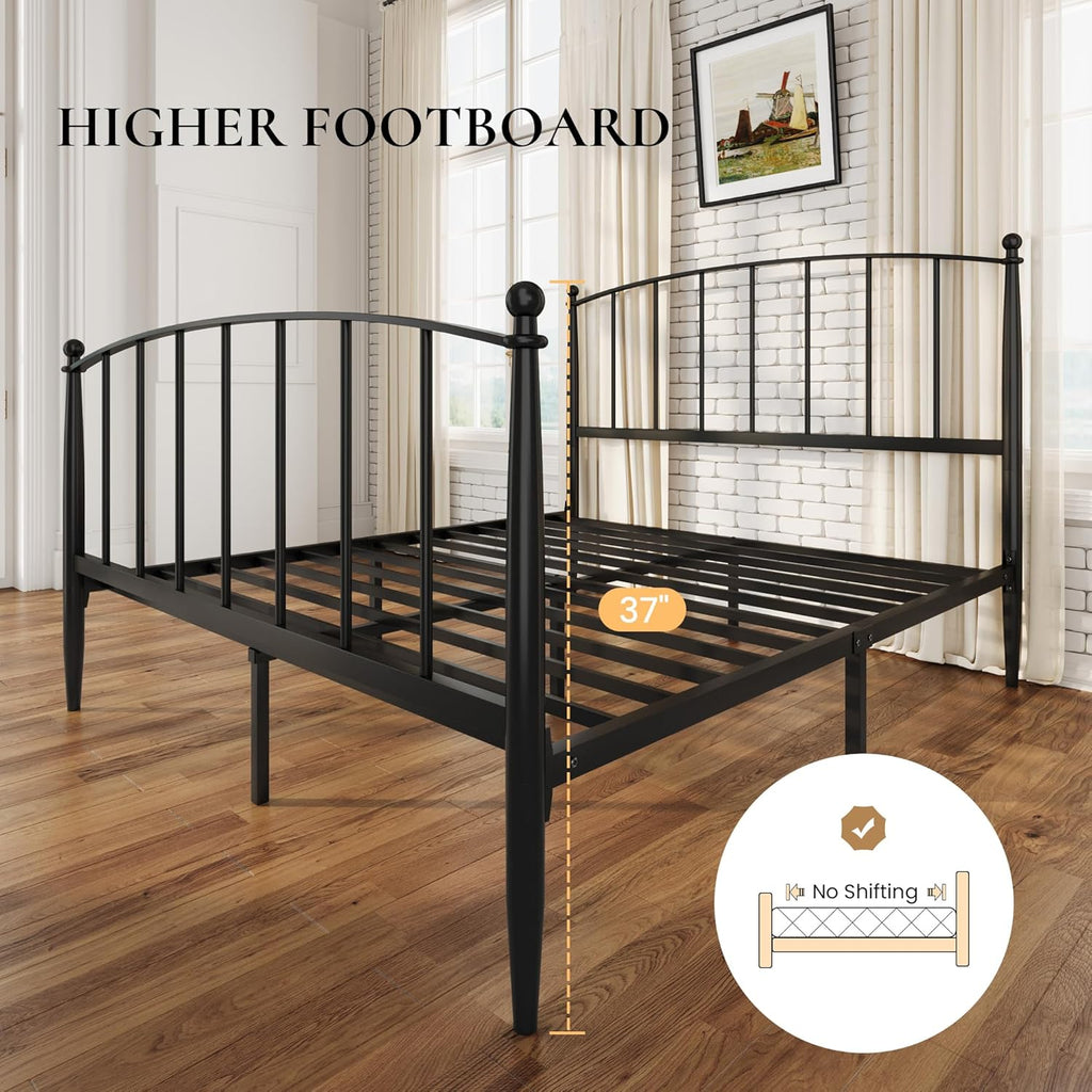SHA CERLIN Queen Bed Frame - Metal Platform Design with Victorian Iron Headboard & Footboard | Easy Assembly, Black