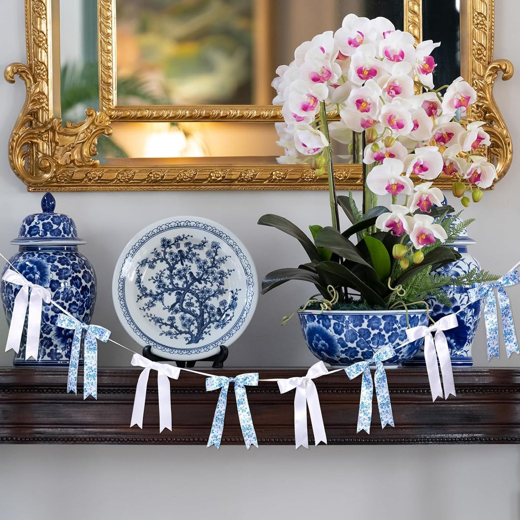 Vintage Floral Bow Garland - 6.65 Ft Blue & White Satin Ribbon Banner for Weddings & Parties