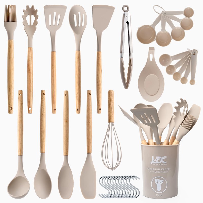 LDC Silicone Cooking Utensils Set 35 Piece with Holder - BPA Free Food Grade Silicone, Heat Resistant Wooden Handles, Cooking Spatula Set for Nonstick Cookware (Khaki)