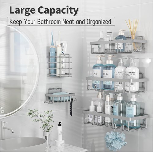 Liuoud Shower Caddy Organizer - Rustproof Stainless Steel Wall Storage Basket | 5 Pack, Large Capacity, Grey