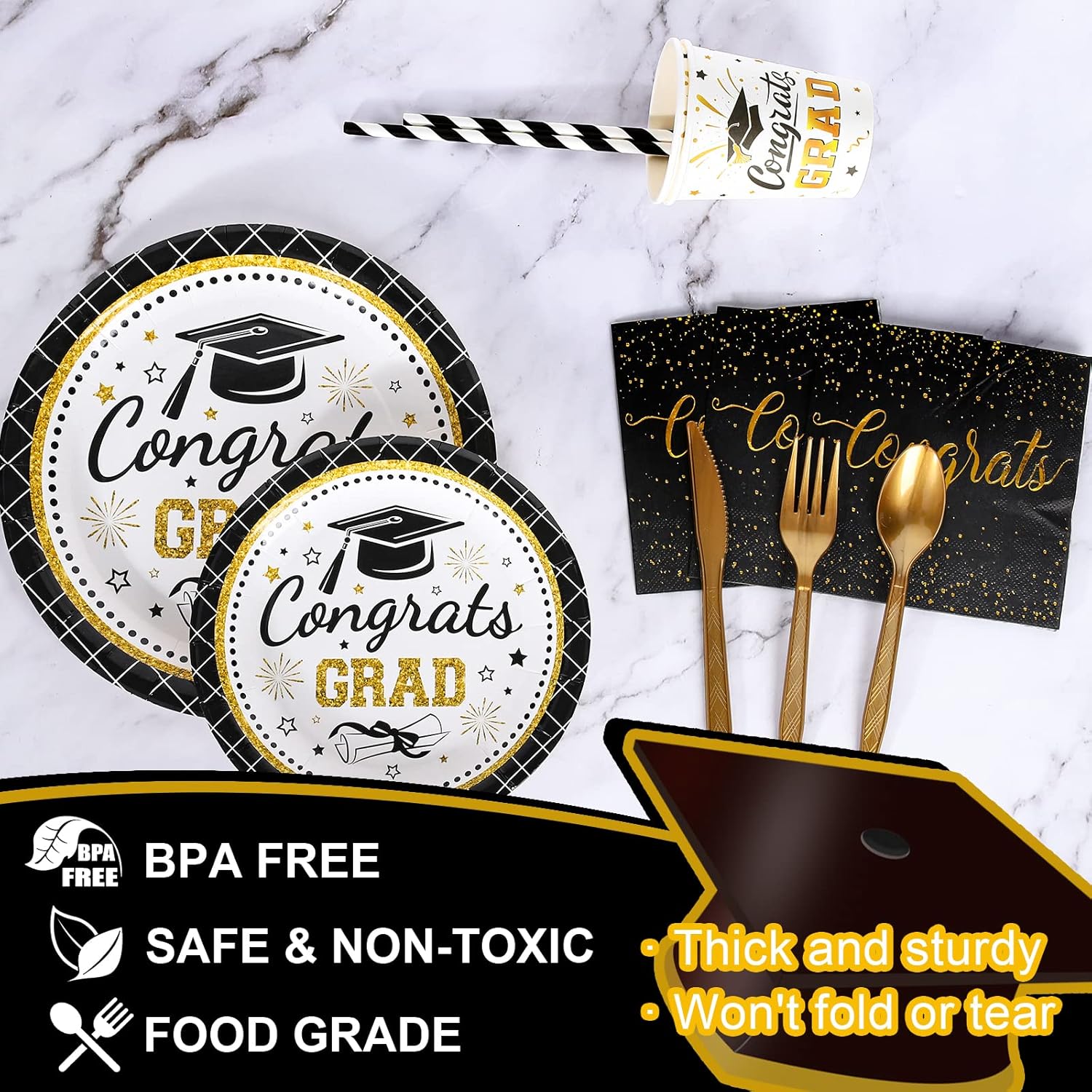Whaline Graduation Party Supplies Set - 175 Pcs Disposable Tableware for 25 Guests | Plates, Napkins, Cups & Cutlery