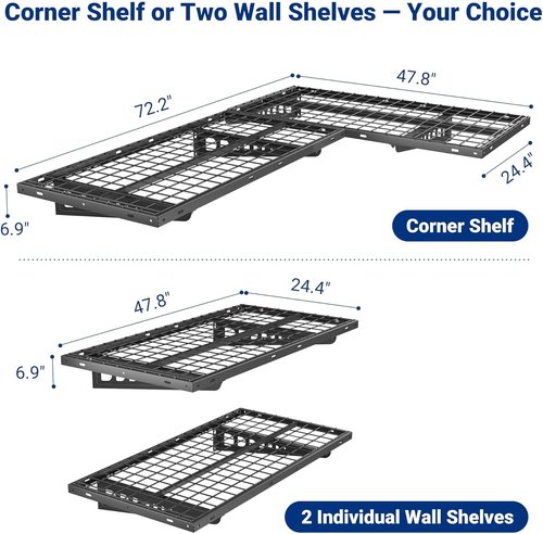 FLEXIMOUNTS Corner Wall Shelving | 2-Pack 2x4ft Floating Garage Storage Racks - 660lbs Capacity, Black