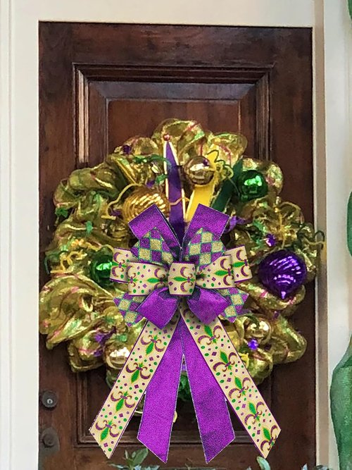 ALIBBON Large Mardi Gras Bows - Flaxen Fleur de Lis & Glitter Purple for Wreaths & Door Decor