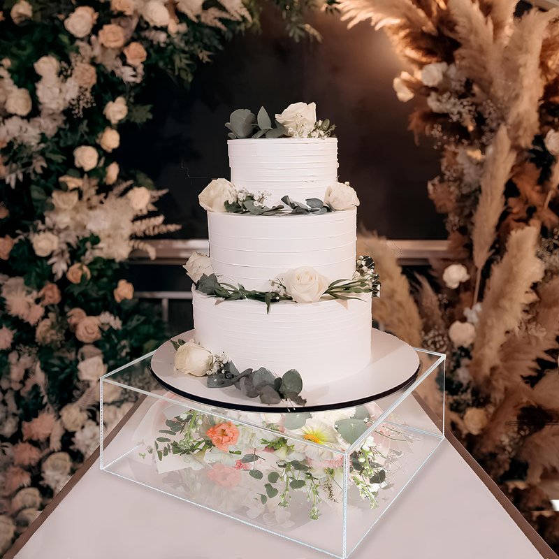 NOKI Square Acrylic Cake Stand: 10 Inch Cake Stand with Hollow Bottom, Fillable Decorative Cake Display Stand, Small Clear Cake Stands for Wedding, Birthday and Party
