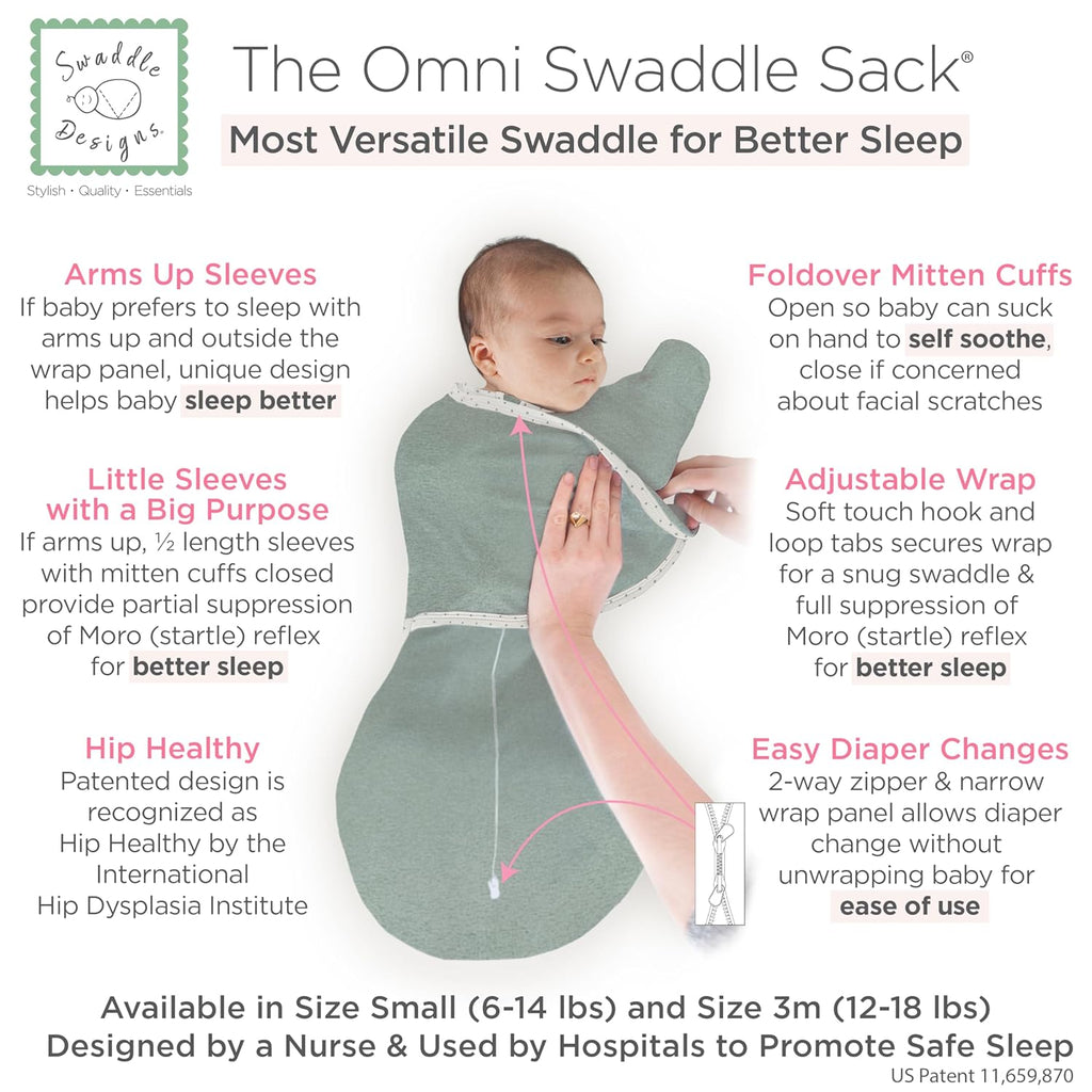 SwaddleDesigns 6-Way Omni Swaddle Sack - Arms Up Design for Newborns | Calms Startle Reflex, Heathered Jadeite, Small (0-3 Mo, 6-12 lbs)