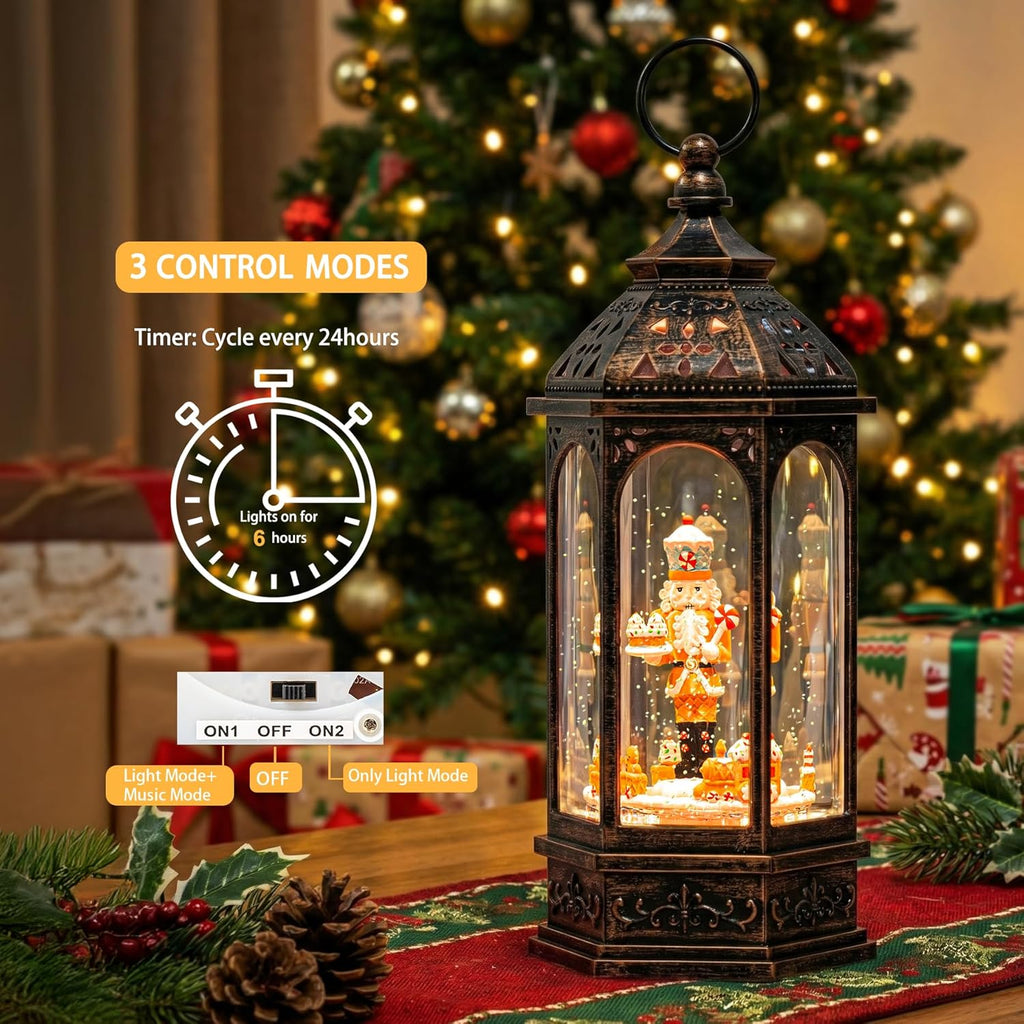 Skiennix Christmas Gingerbread Nutcracker Snow Globe Lantern - Lighted Animated Train with Glitter & Music