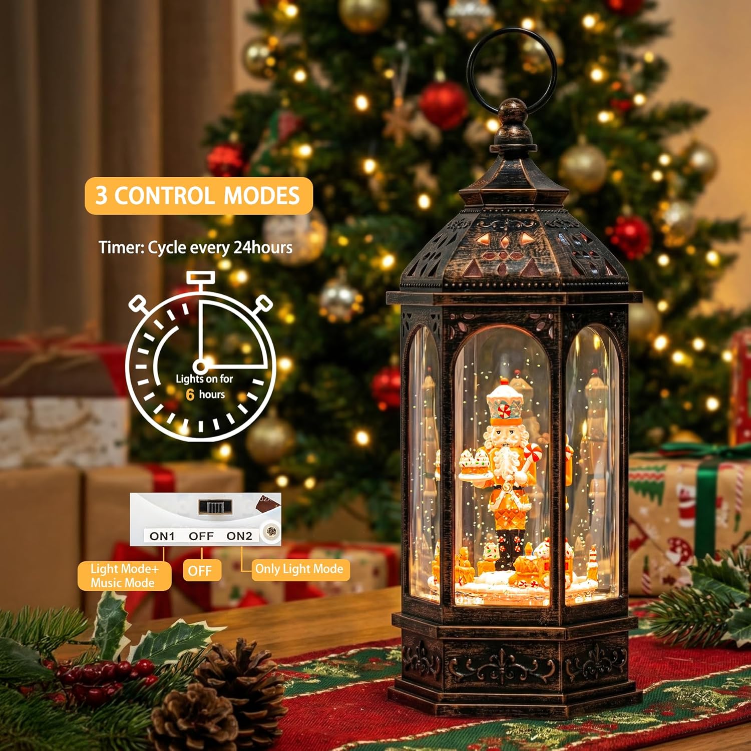 Skiennix Christmas Gingerbread Nutcracker Snow Globe Lantern - Lighted Animated Train with Glitter & Music