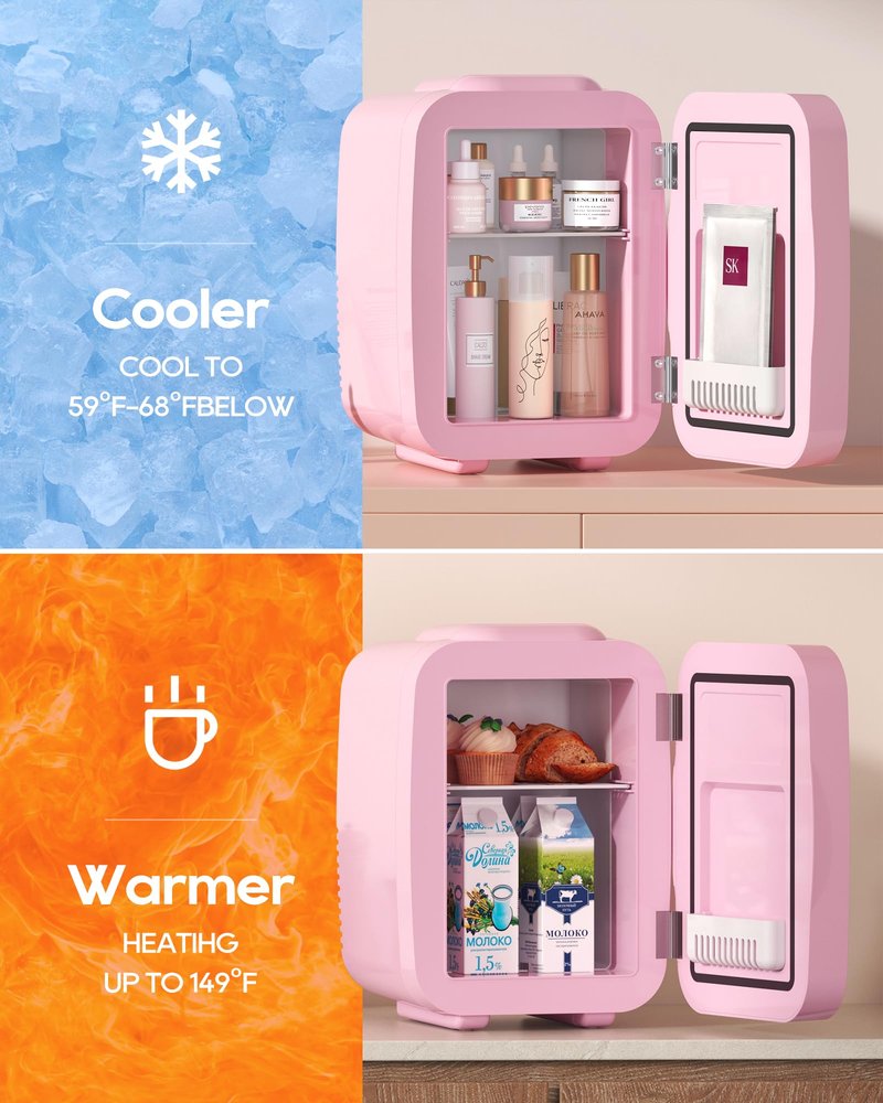 BEICHEN Skincare Fridge with Dimmable LED Light Mirror,4 Liter/6 Can Mini Fridge Skincare for Bedroom,Office, Car, Dorm,Cooler and Warmer, Portable Mini Fridge for Skin Care, Cosmetics, Food,Pink