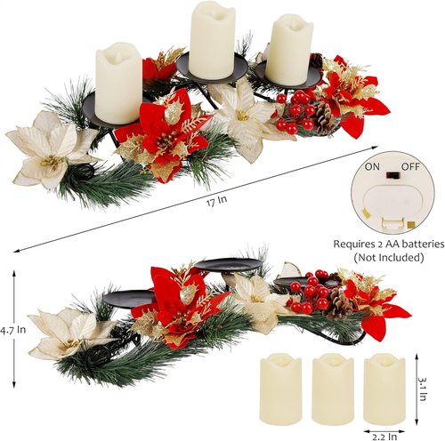 FORUP Christmas Centerpiece - Elegant Poinsettia Design with 3 Flameless Candles | Holiday Table Decor