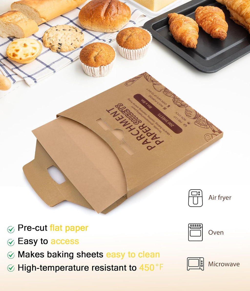 Parchment Paper Sheets by [Brand Name] - 200 Precut Non-Stick Squares for Baking & Air Frying | 10x10 in Brown