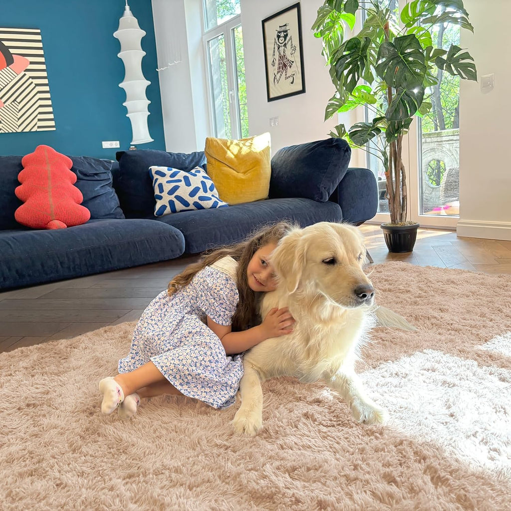 OLANLY 4x4 Soft Fluffy Shaggy Accent Rug - Machine Washable Indoor Carpet for Bedroom & Nursery, Beige