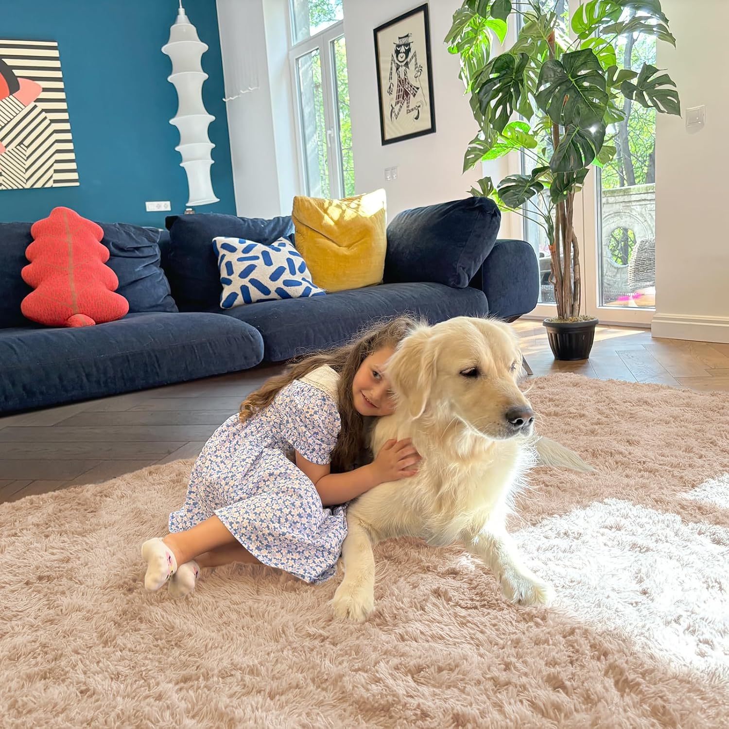 OLANLY 4x4 Soft Fluffy Shaggy Accent Rug - Machine Washable Indoor Carpet for Bedroom & Nursery, Beige
