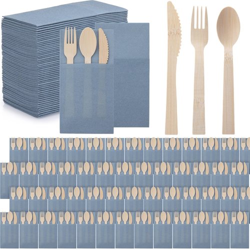 Gueevin 200 Pcs Wooden Cutlery Set Disposable Wood Utensil for 50 Guest Fork Spoon Knives Linen Napkin Disposable Cutlery for Wedding Party Supplies Event and Takeout(Dusty Blue)
