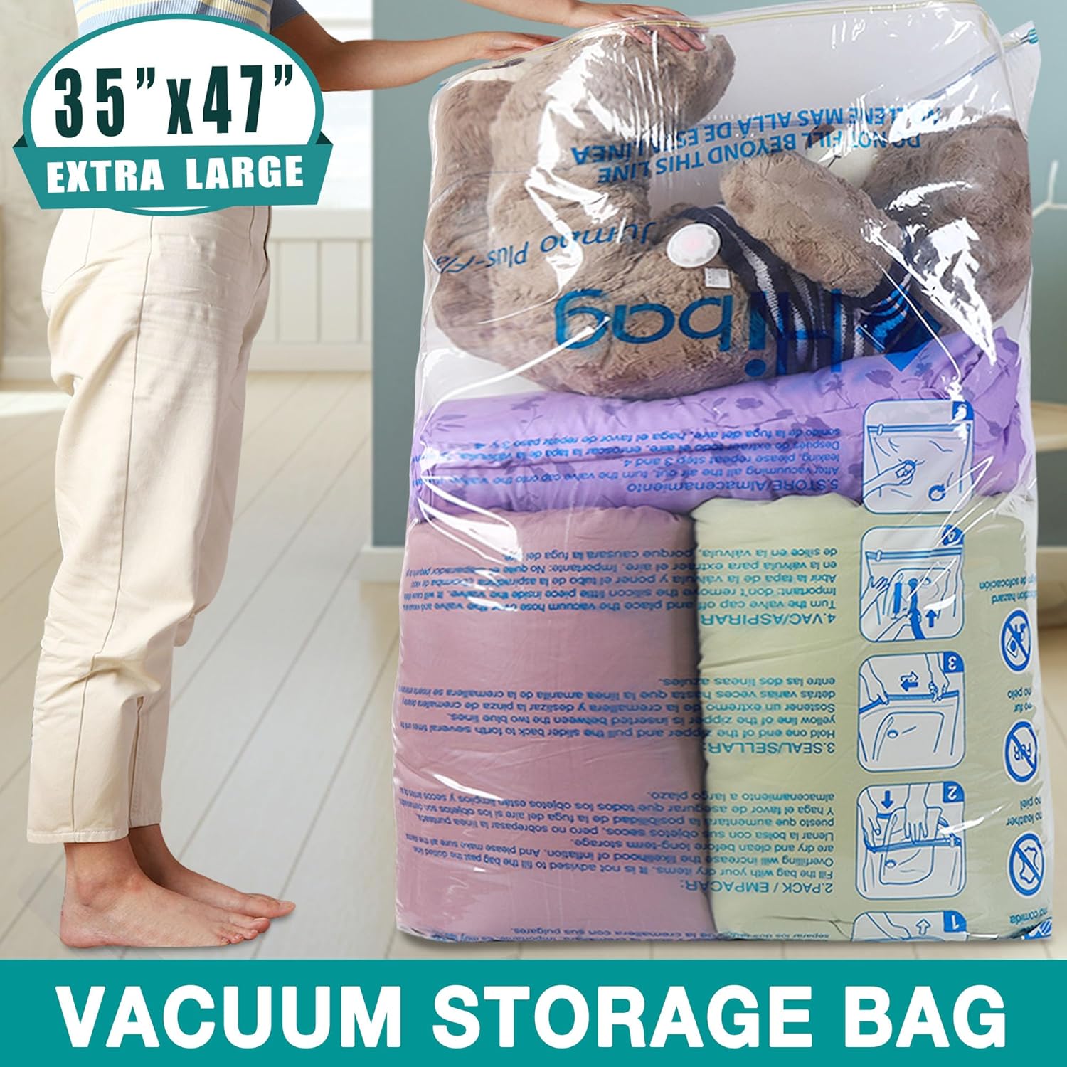 Skiennix XXL Jumbo Vacuum Storage Bags - 47''X35'' Space Saver for Blankets & Comforters (4 Pack)