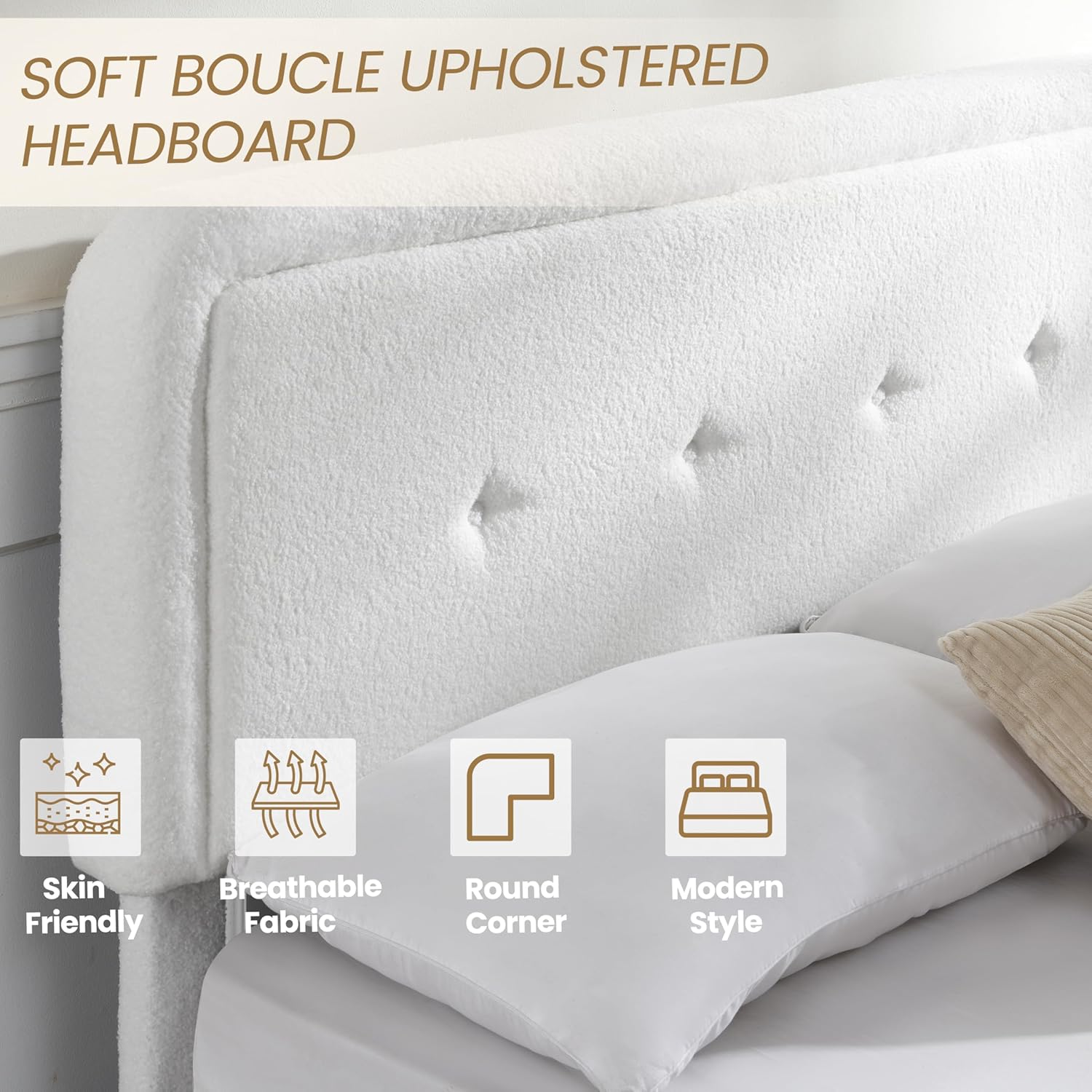 Skiennix Full Size Cloud Bed Frame - Adjustable Upholstered Headboard, Modern Boucle Fabric, Easy Assembly (White)