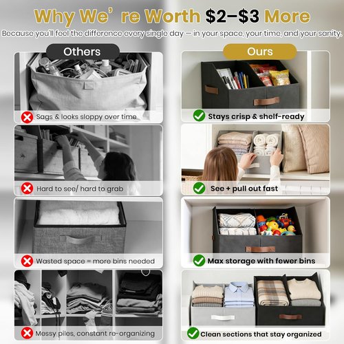 **UPGRADED HEIGHT Trapezoid Storage Bins by Closet Organizers | Collapsible Fabric Bins with Handles & Adjustable Dividers (6pcs, Medium, Ivory)**