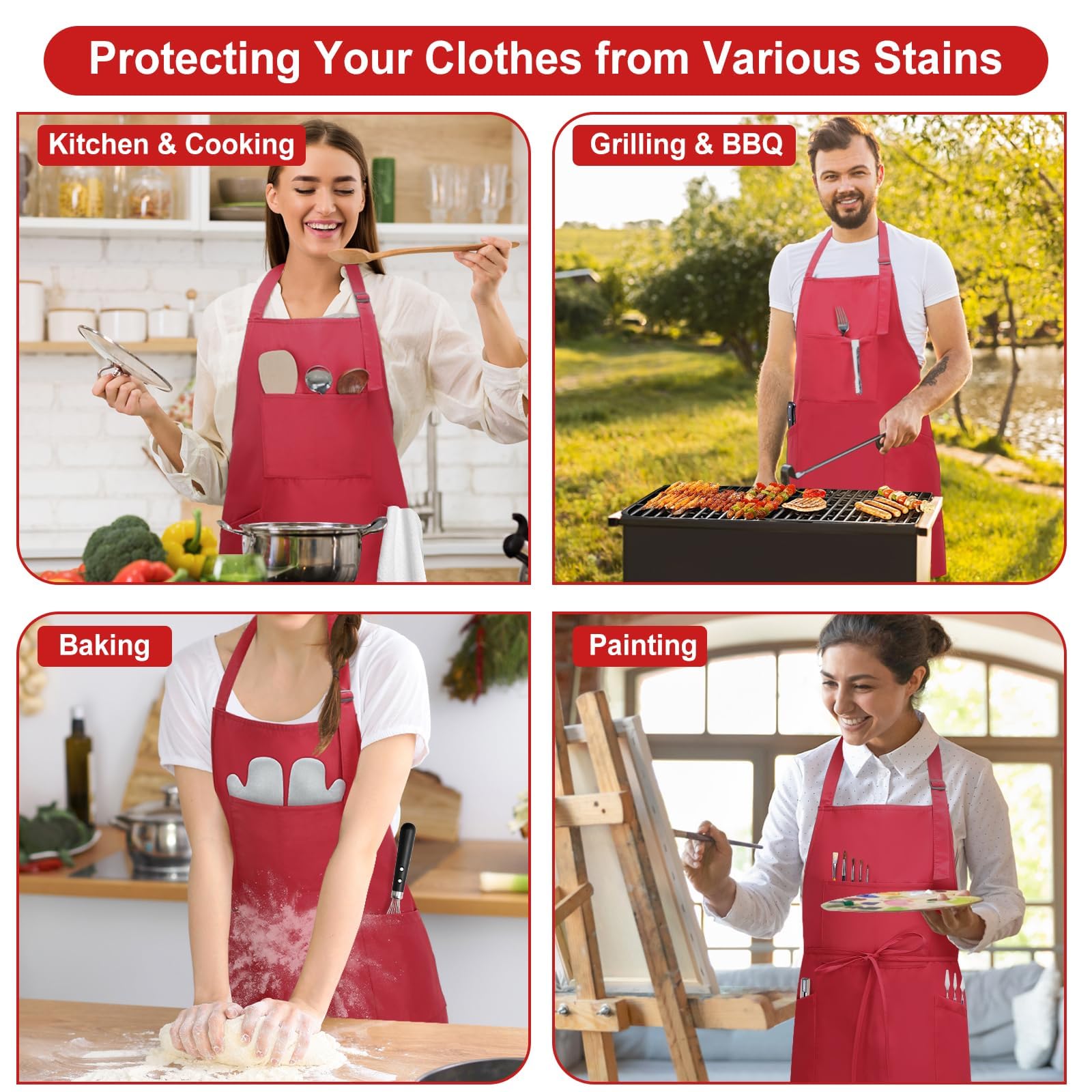 SHEOMERN 3 Pcs Dual Waterproof Oilproof Kitchen Chef Aprons with 4 Pockets for Men Women, Adjustable Soft Anti-Tear Cooking Bib Apron for Baking Grilling BBQ Painting Cleaning (Red)