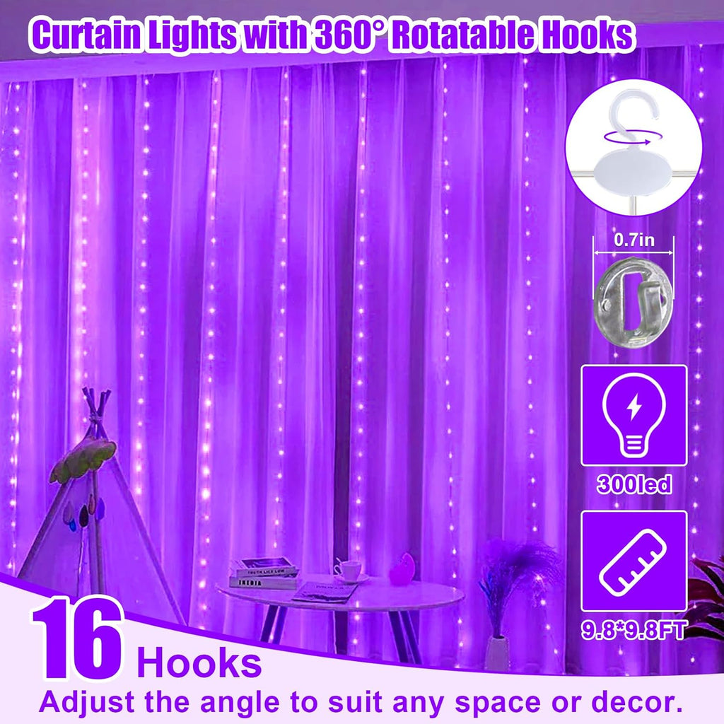 Purple Curtain Light by [Brand Name] - 300 LED Fairy String Lights | 9.8ft x 9.8ft with Remote Control & 8 Modes