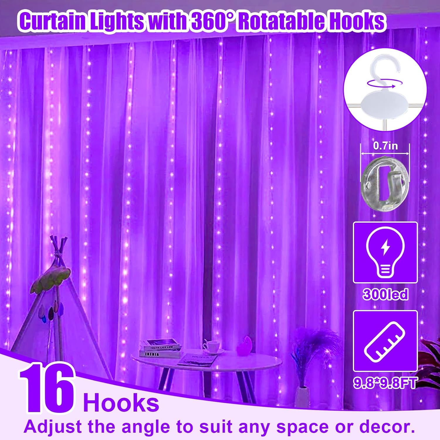 Purple Curtain Light by [Brand Name] - 300 LED Fairy String Lights | 9.8ft x 9.8ft with Remote Control & 8 Modes