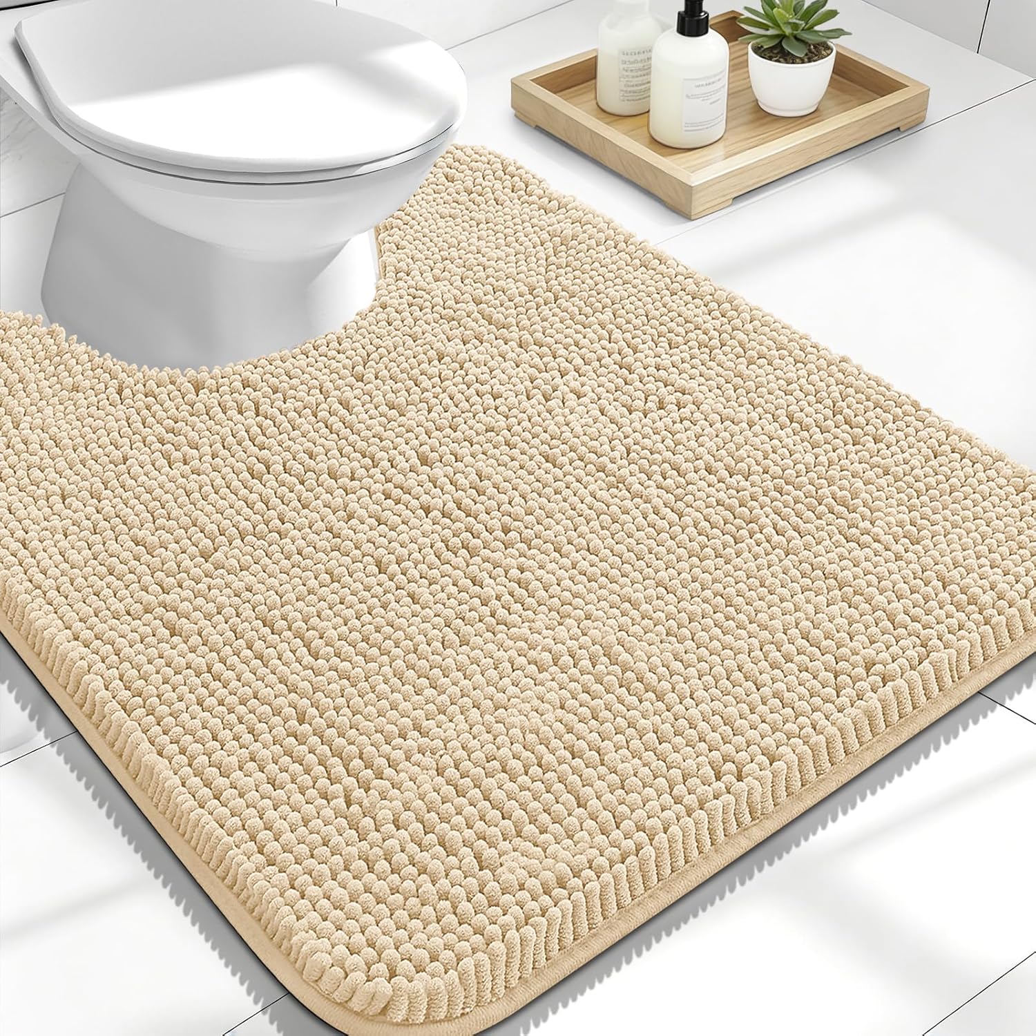 OLANLY U-Shaped Toilet Rug - Extra Soft Chenille, Quick-Dry, Non-Slip Bath Mat | 24x20, Beige