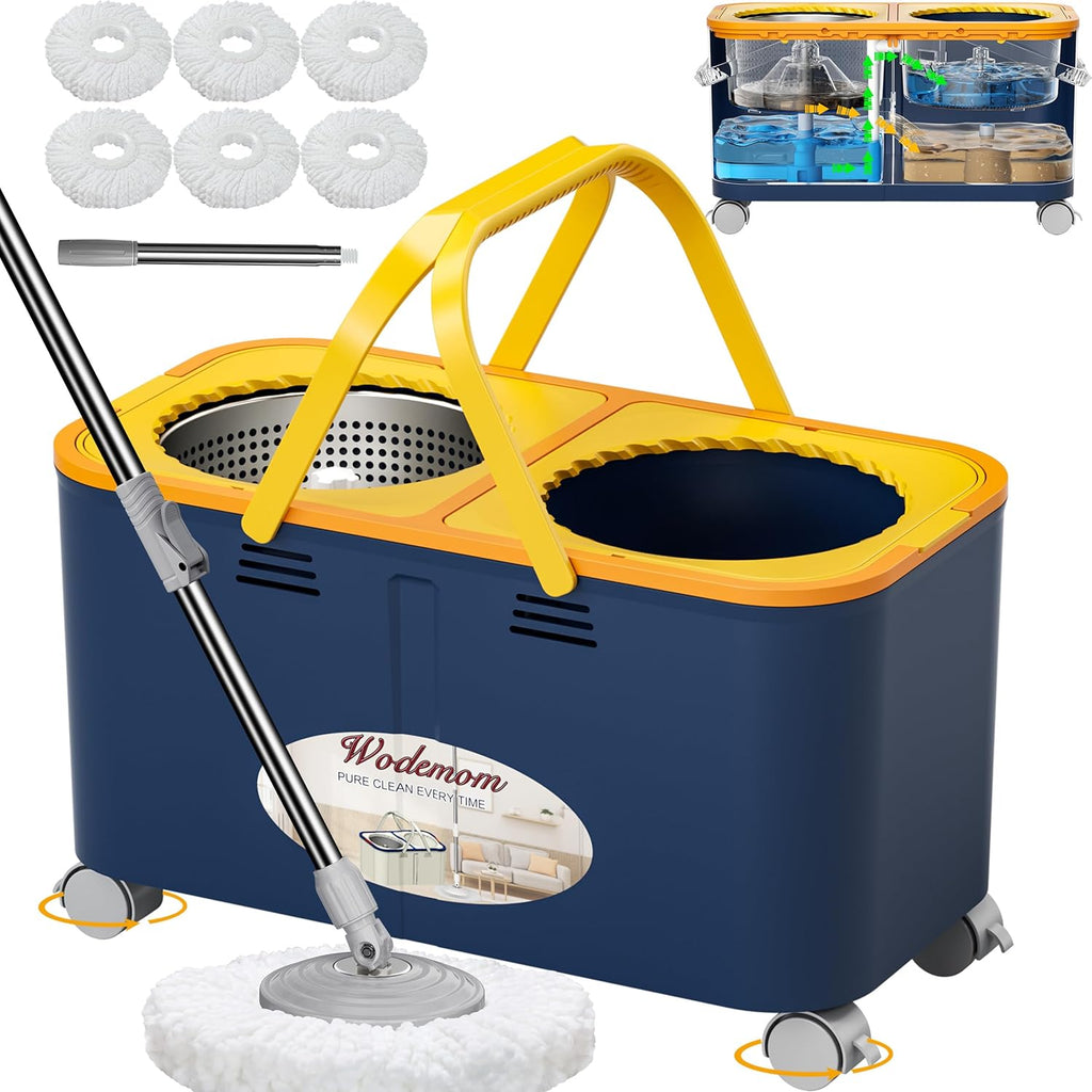 Skiennix Compact Spin Mop - 360° Swivel Wheels, Clean & Dirty Water System, 6 Reusable Mop Heads | Blue/Yellow