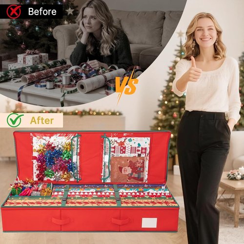 Criusia Gift Wrapping Paper Organizer - Durable Underbed Storage for 24 Rolls | Red with Removable Dividers & Pockets