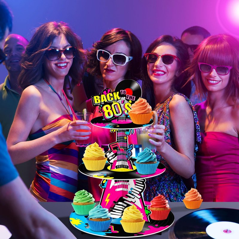 Ben Louis 3 Tier 80s Cupcake Stand Party Decorations Back to The 80's Theme Holder Retro 1980s Hip Hop Dessert Tower Birthday Cake for Neon Rock Hippie Supplies