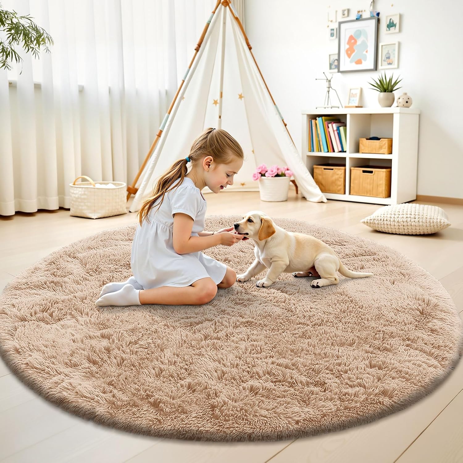 OLANLY Round Area Rug - Soft & Fluffy Beige Shaggy Carpet, 8 ft Circle for Bedroom & Living Room Decor