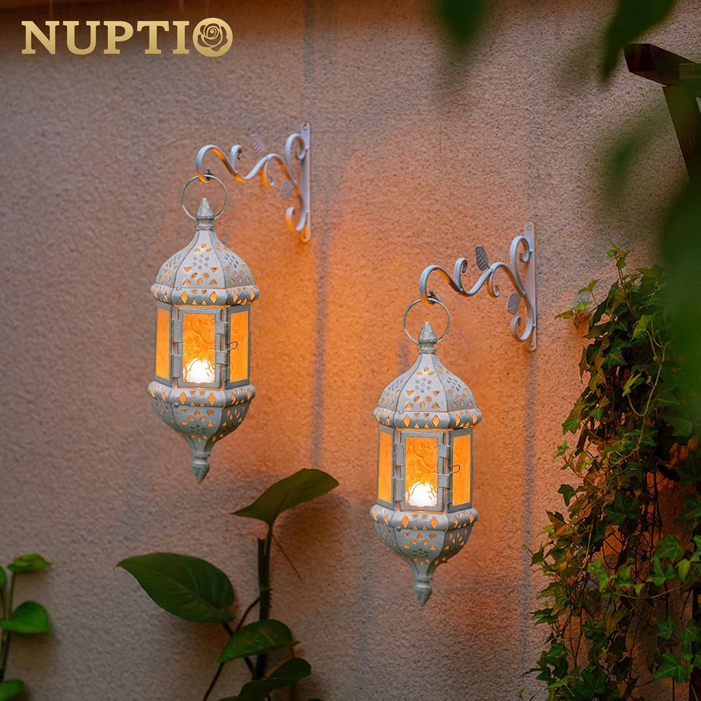 Skiennix Moroccan Lantern | Metalwork Hanging Tealight Candle Holder | Battery Operated LED | 35cm Chain, White