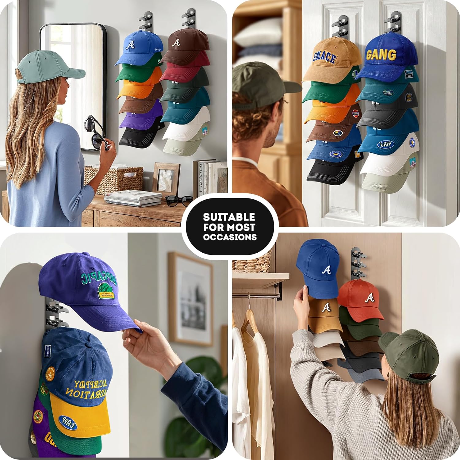 Skiennix Hat Organizer - Wall-Mounted Rack Holds Up to 20 Baseball Caps | Strong Adhesive & Screws, Black