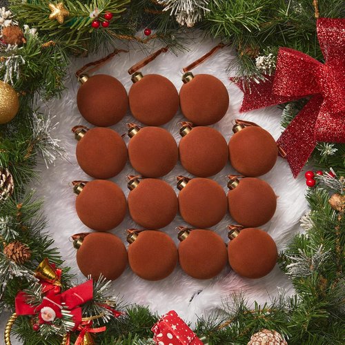 Brightown 15 Pcs Brown Velvet Christmas Balls - 3.15 Inch Flocked Ornaments for Holiday Decor
