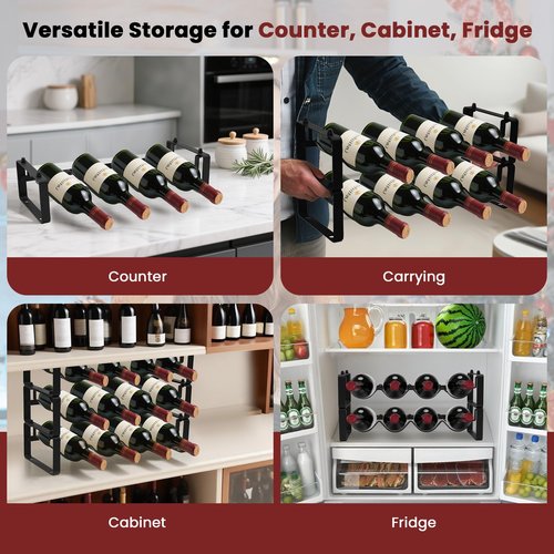 STAEVER Stackable 4 Bottles Wine Rack – Compact Metal Wine Holder for Countertop, Cabinet, Pantry, Bar, or Small Spaces – Small Freestanding Wine Storage Organizer for Tight Spaces (1 Tier, Black)