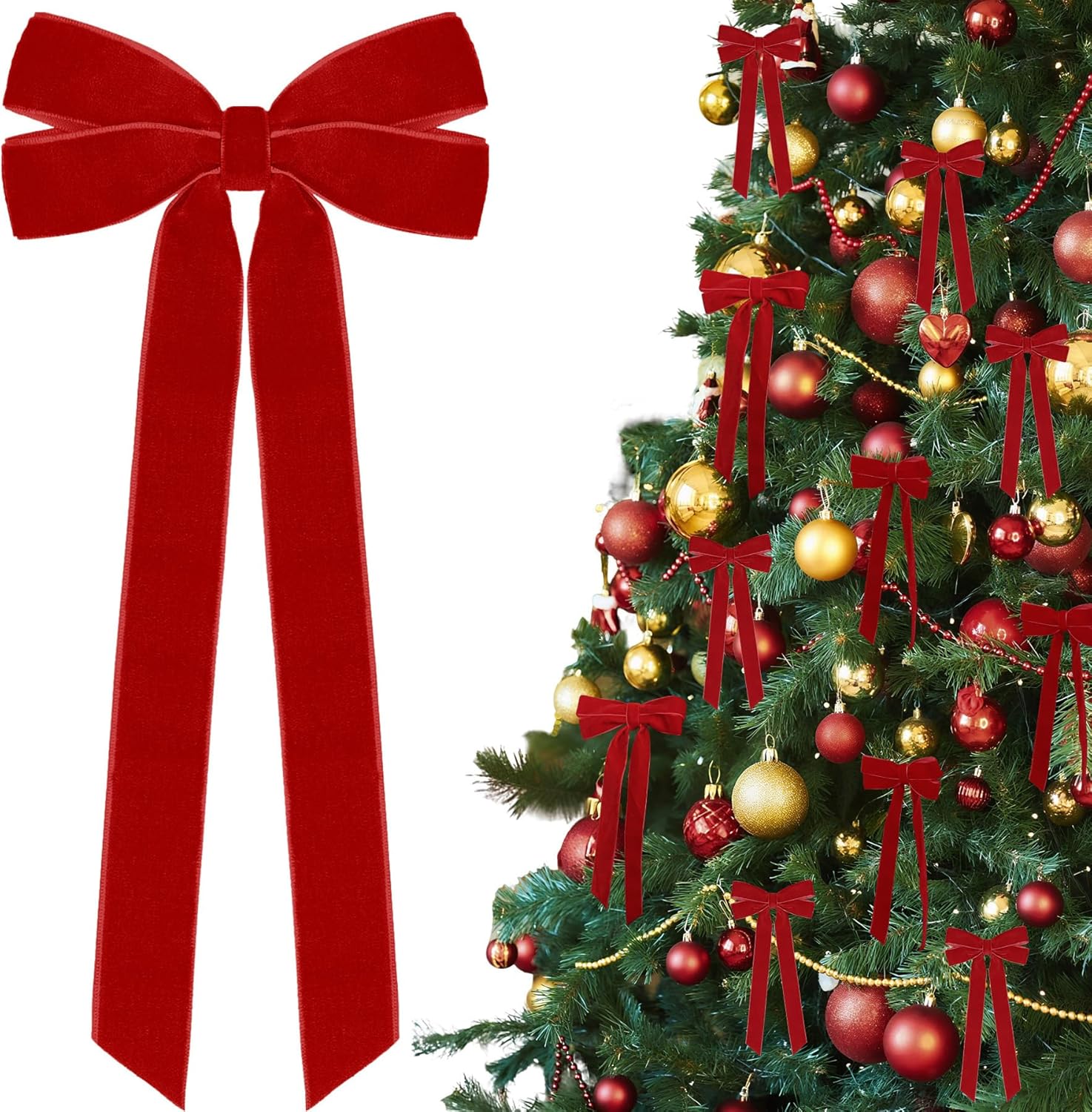 Red Velvet Ribbon Bows by [Brand Name] - 12 Pcs Christmas Tree Decorations | 5in x 10in Holiday Ornaments