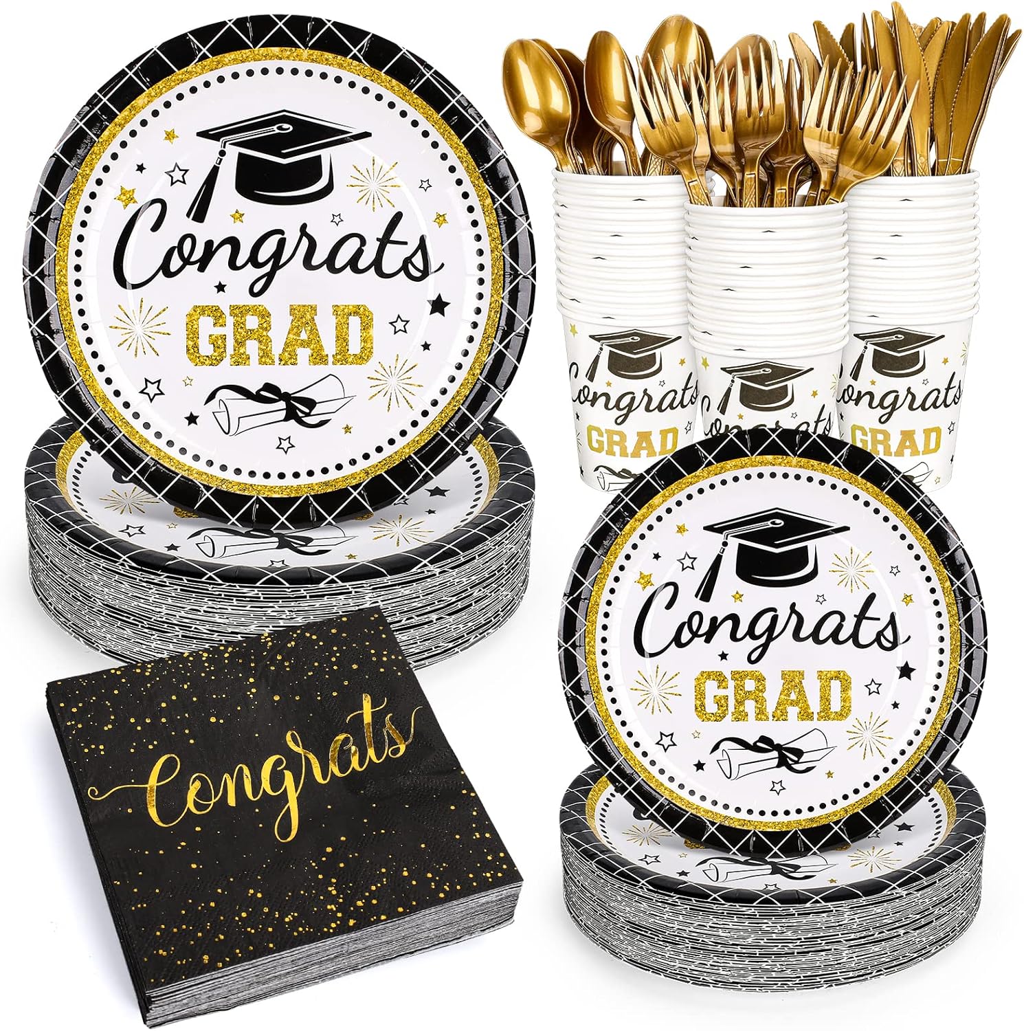 Whaline Graduation Party Supplies Set - 175 Pcs Disposable Tableware for 25 Guests | Plates, Napkins, Cups & Cutlery