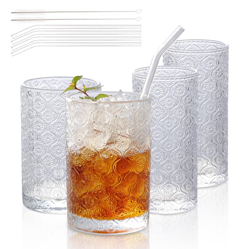 WeirdUncle Set of 4 Vintage Embossed Glassware,2 Collins Glass cups 12oz & 2 Highball Drinking Glasses 16oz, Clear, Art Deco, for Beer, Water, Cocktail, Juice, Whiskey, Gift