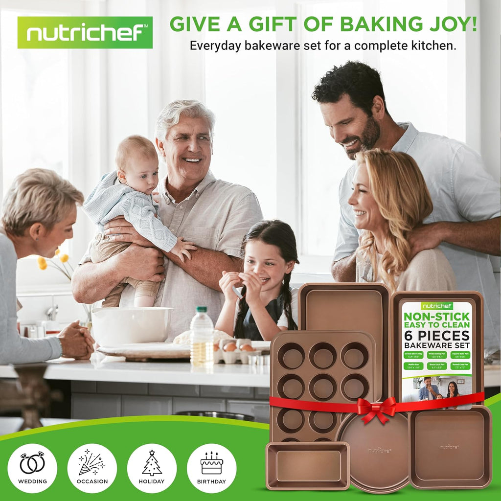 NutriChef 6-Piece Nonstick Bakeware Set - Carbon Steel Baking Pans, Cookie Sheets & More | Gold Finish