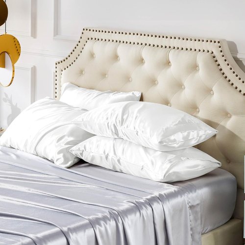 Bedsure Satin Pillowcase Set of 4 - Pure White Silky Pillow Covers for Hair & Skin | 20x26 Inches