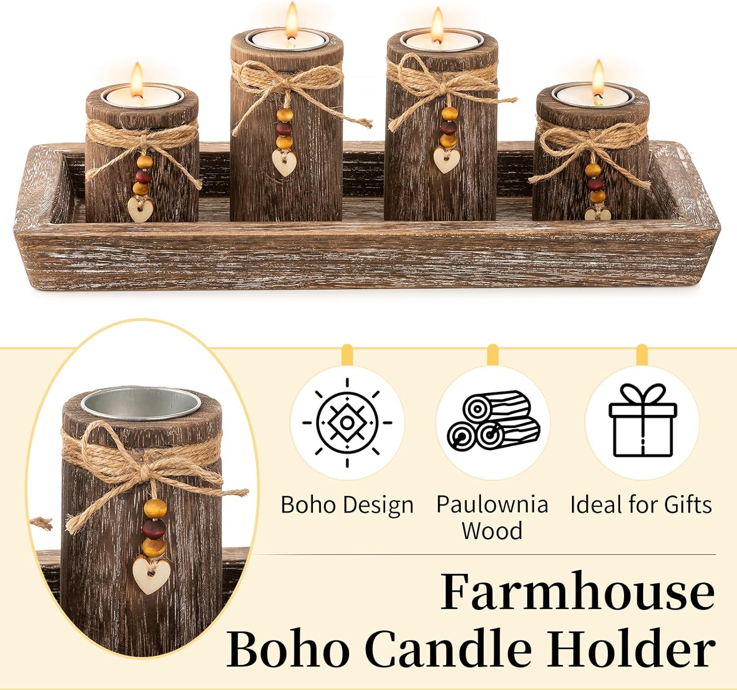 Romadedi Boho Wooden Tray Candle Holder Set - Farmhouse Coffee Table Decor with 4 Tealight Holders