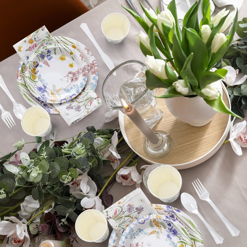FillTouch 350 Pcs Spring Floral Party Decoration Paper Plates Disposable Tableware Napkins Cups Knives Forks Spoons for 50 Guests Floral Baby Shower Party Tableware for Birthday
