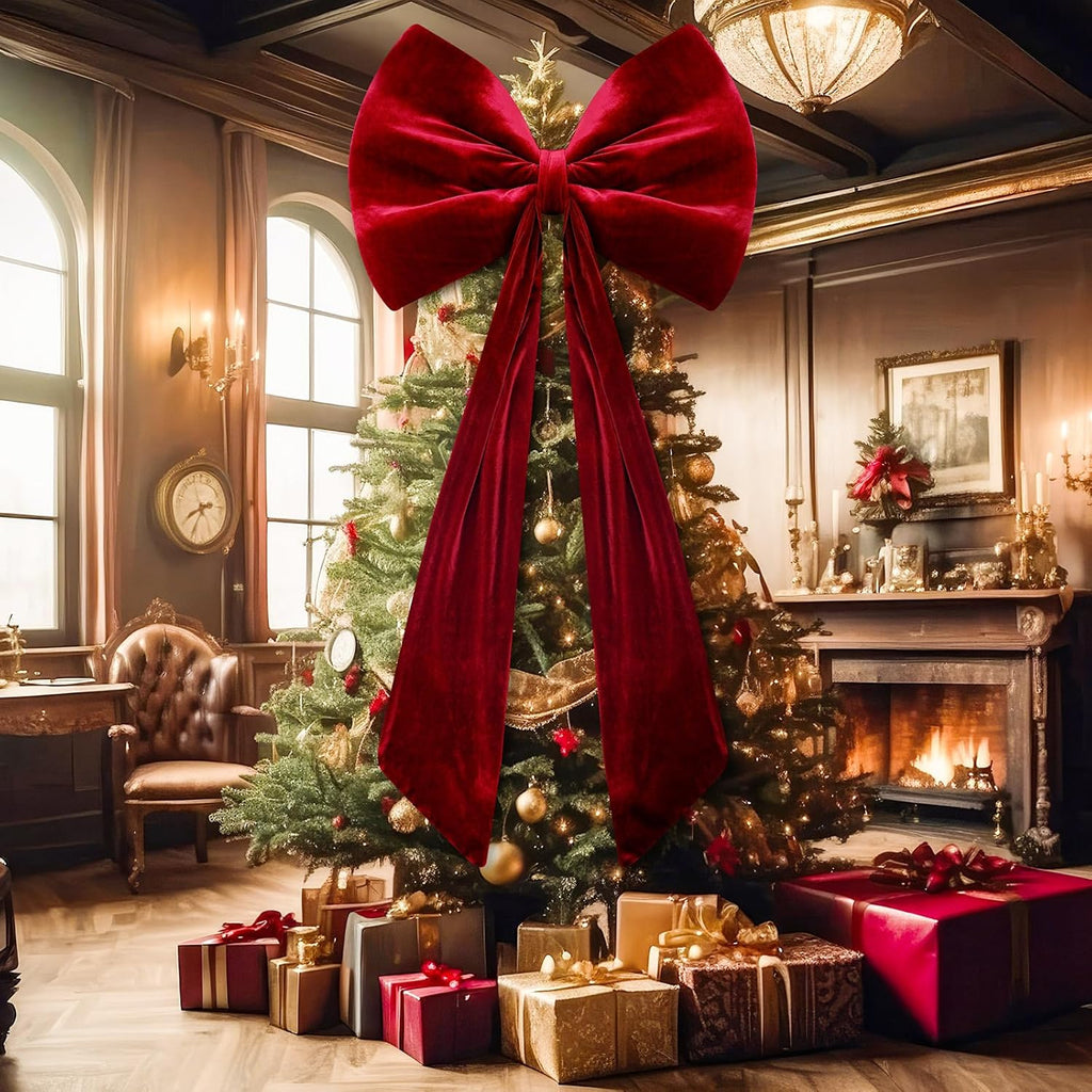 Skiennix 40x18 Inch Large Velvet Red Bow - Stunning 3D Tree Topper & Party Backdrop Decor (Wine Red)