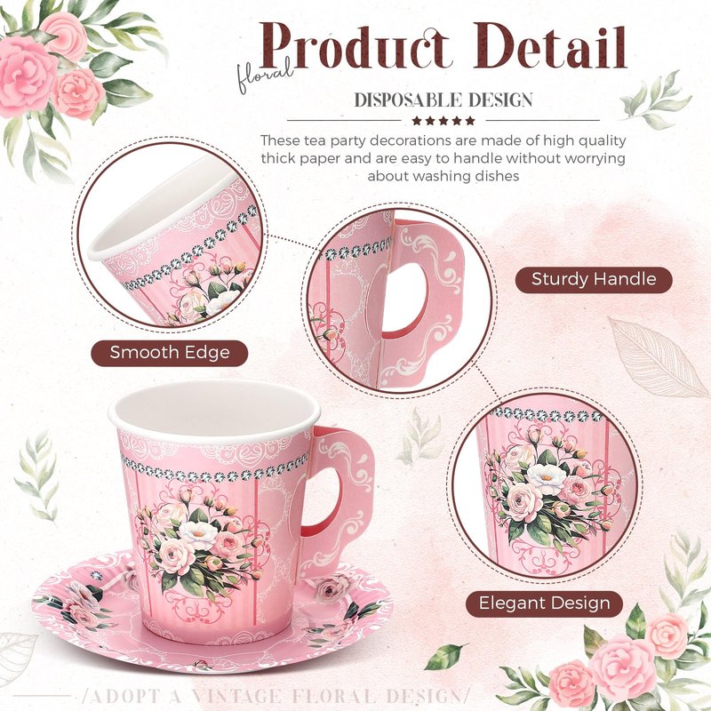 Nuogo 200 Pcs Floral Paper Tea Cups and Saucers 7 oz Disposable Paper Teacups with Handle and Plates for Tea Party Decoration Wedding Birthday Baby Shower Bridal Mother's Day, Serve 100(Pink)