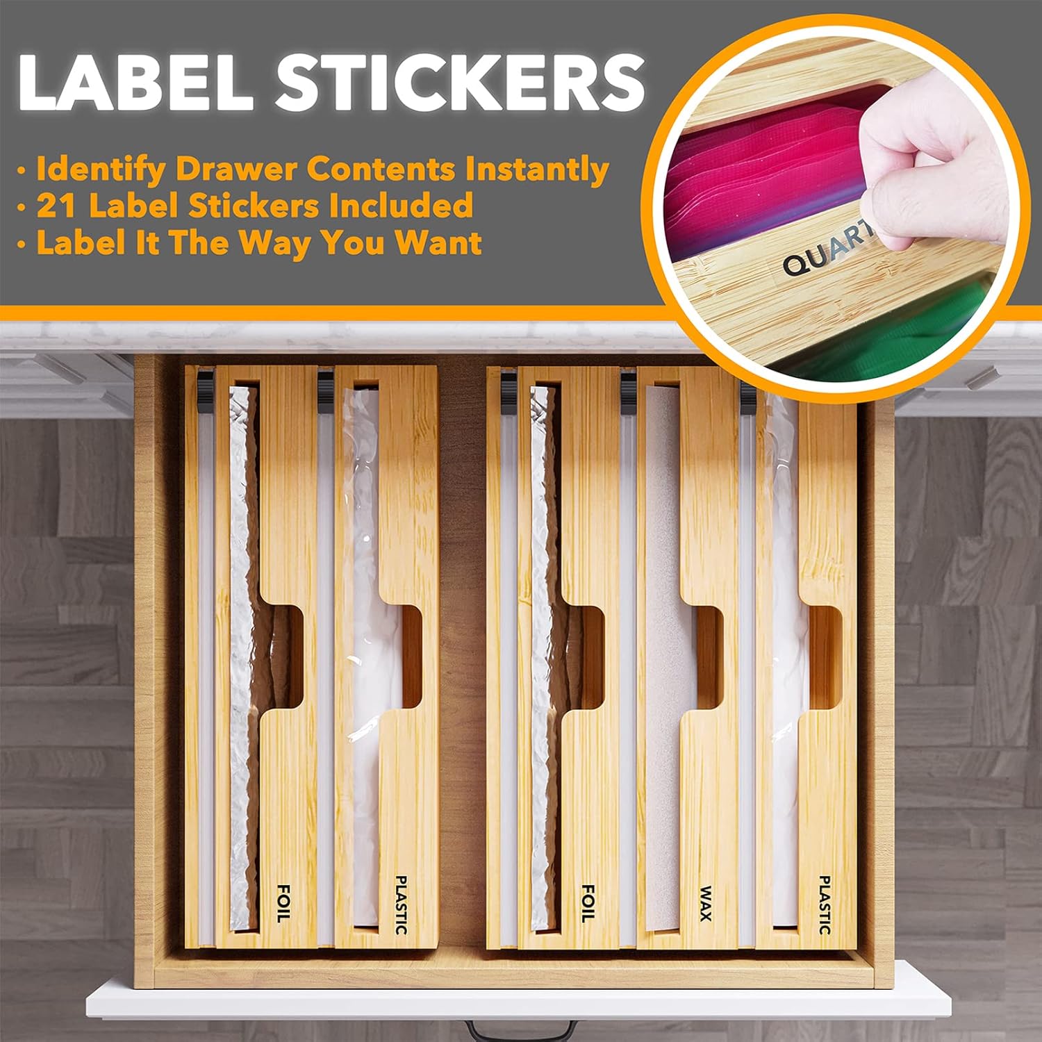 SpaceAid WrapNeat 3-in-1 Wrap Organizer - Cutter & Labels for Kitchen Storage | Fits 12" Rolls (Natural)