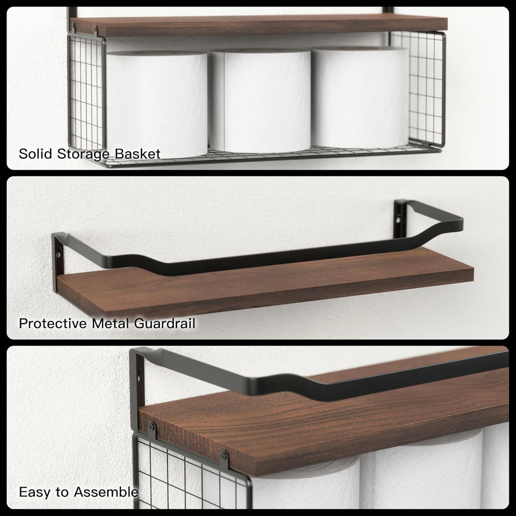 WOPITUES Floating Shelves - Wood Wall Storage with Wire Basket & Metal Guardrail | Dark Brown