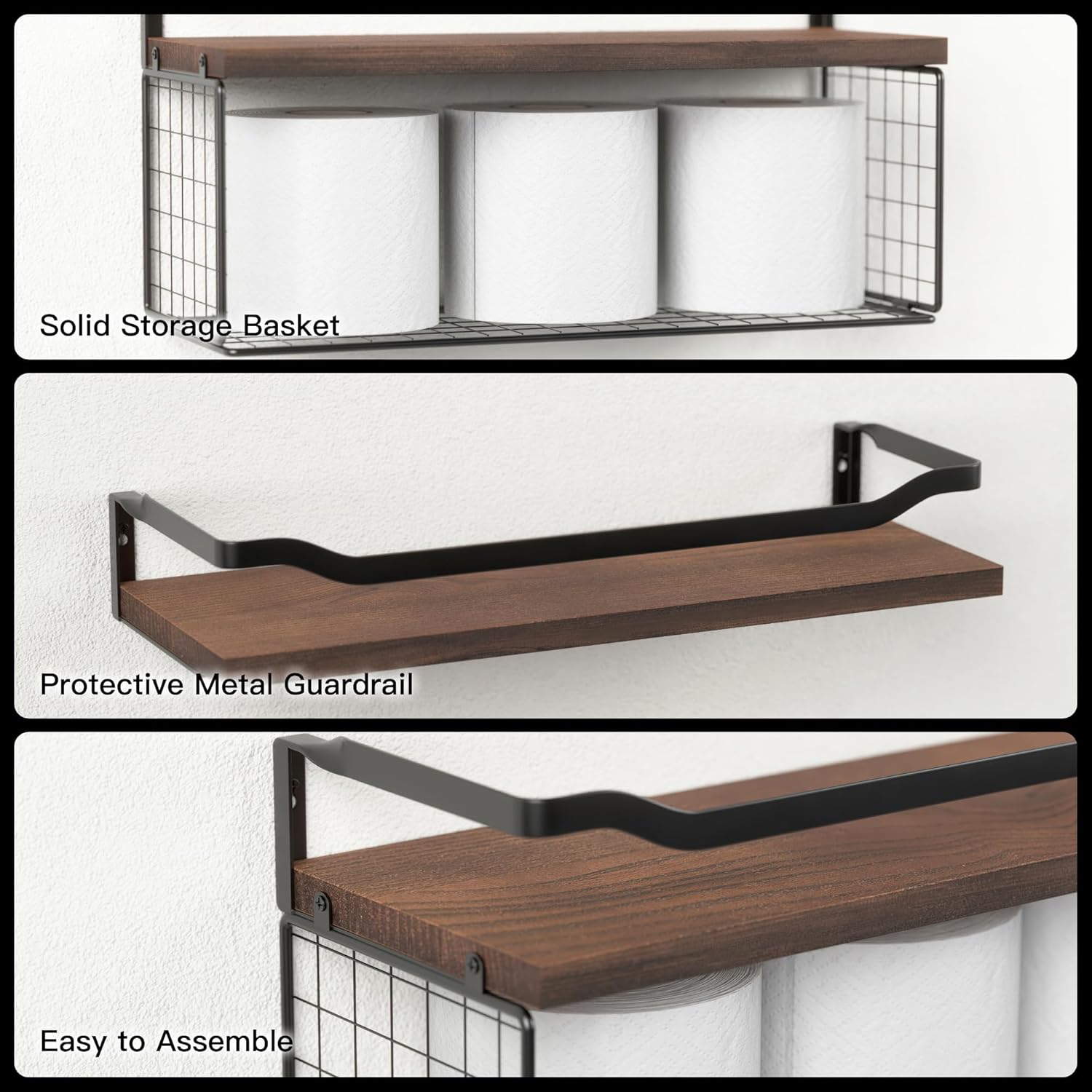 WOPITUES Floating Shelves - Wood Wall Storage with Wire Basket & Metal Guardrail | Dark Brown