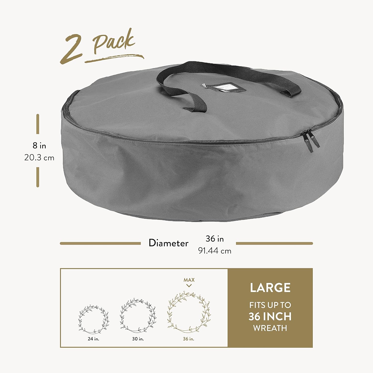 ZOBER Oxford Christmas Wreath Storage Container - 36 Inch Waterproof Bag with Dual Zippers & Durable Handles - Gray | 2 Pack